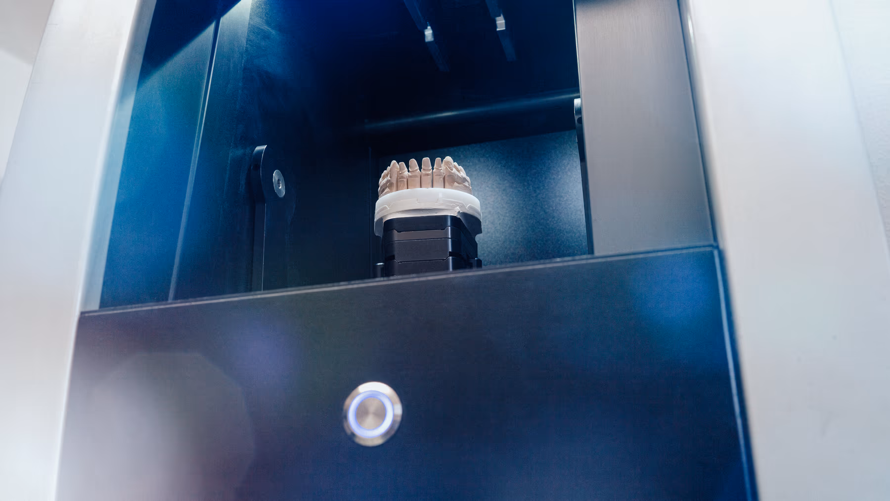 Modell eines Kiefers im hochpräzisen 3D-Scanner zur digitalen Zahnersatzplanung im Dentallabor
